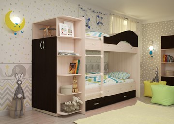 Детская двухэтажная кровать ТМК Мая на щитах со шкафом и ящиками, корпус Млечный дуб, фасад Венге в Черкесске
