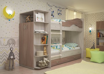 Двухэтажная кровать ТМК Мая на щитах со шкафом и ящиками, корпус Шимо светлый, фасад Шимо темный в Черкесске