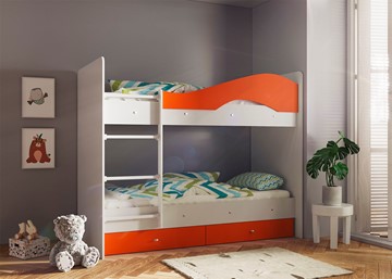 Двухъярусная кровать Мая с 2 ящиками на щитах, корпус Млечный дуб, фасад Оранжевый в Черкесске
