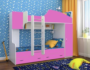 Детская кровать-шкаф Юниор-2, каркас Белое дерево, фасад Розовый в Черкесске