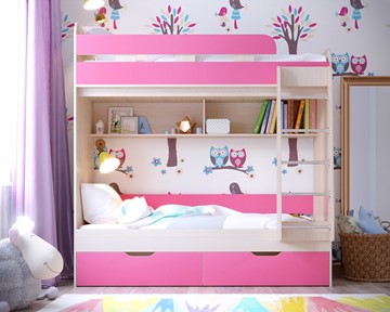 Двухэтажная детская кровать Юниор-5, каркас Дуб, фасад Розовый в Черкесске