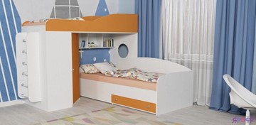 Детская кровать-чердак Кадет-2 с металлической лестницей, корпус Белое дерево, фасад Оранжевый в Черкесске