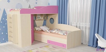 Детская кровать-шкаф Кадет-2 с металлической лестницей, корпус Дуб, фасад Розовый в Черкесске