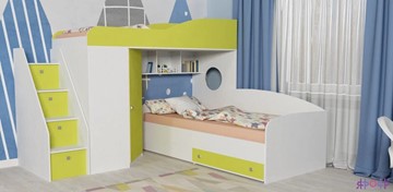 Детская кровать-шкаф Кадет-2 с универсальной лестницей, корпус Белое дерево, фасад Лайм в Черкесске