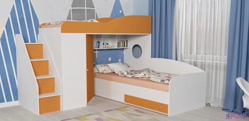 Детская кровать-чердак Кадет-2 с универсальной лестницей, корпус Белое дерево, фасад Оранжевый в Черкесске