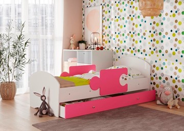Детская кровать с ящиком и бортиками Мозайка, корпус Белый/фасад Розовый (ламели) в Черкесске
