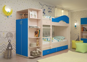 Детская двухъярусная кровать ТМК Мая на щитах со шкафом и ящиками, корпус Млечный дуб, фасад Синий в Черкесске
