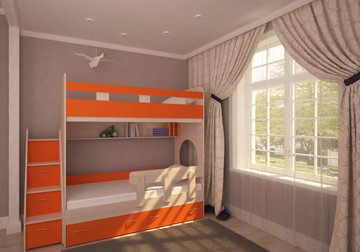Кровать двухъярусная Ярофф Юниор-1 с бортом, каркас Дуб, фасад Оранжевый в Черкесске