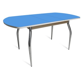 Раздвижной стол ПГ-07 СТ2, дуб молочный/синие стекло/35 хром гнутые металл в Черкесске
