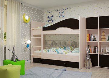 Детская  двухъярусная кровать Мая с 2 ящиками на щитах, корпус Млечный дуб, фасад Венге в Черкесске - предосмотр 1