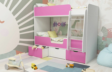 Детская двухэтажная кровать Малыш двойняшка 70х160, корпус Белое дерево, фасад Розовый в Черкесске