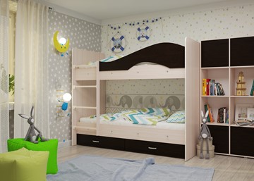 Детская двухэтажная кровать Мая на щитах со шкафом и ящиками, корпус Млечный дуб, фасад Венге в Черкесске - предосмотр 1