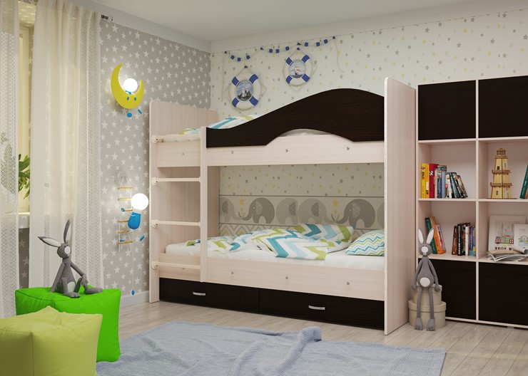 Детская двухэтажная кровать Мая на щитах со шкафом и ящиками, корпус Млечный дуб, фасад Венге в Черкесске - изображение 1