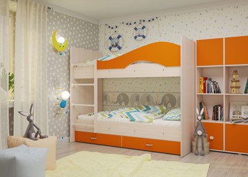 Двухъярусная кровать Мая с 2 ящиками на щитах, корпус Млечный дуб, фасад Оранжевый в Черкесске - предосмотр 3