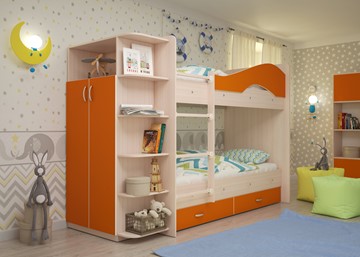 Двухъярусная кровать Мая с 2 ящиками на щитах, корпус Млечный дуб, фасад Оранжевый в Черкесске - предосмотр 1