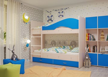 Детская 2-ярусная кровать Мая с 2 ящиками на щитах, корпус Млечный дуб, фасад Синий в Черкесске - предосмотр 3