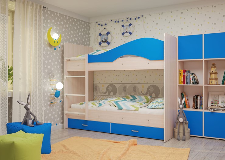 Детская 2-ярусная кровать Мая с 2 ящиками на щитах, корпус Млечный дуб, фасад Синий в Черкесске - изображение 3