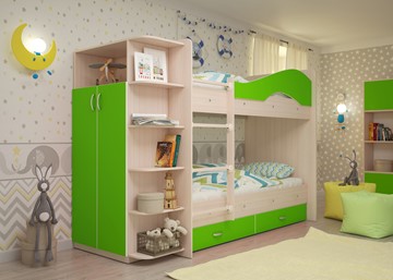 Двухэтажная детская кровать Мая на щитах со шкафом и ящиками, корпус Млечный дуб, фасад Салатовый в Черкесске
