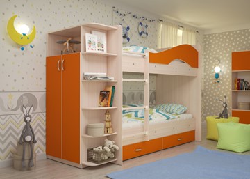 Детская 2-этажная кровать Мая на щитах со шкафом и ящиками, корпус Млечный дуб, фасад Оранжевый в Черкесске