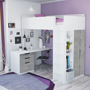Кровать-чердак с письменным столом и шкафом POLINI Kids Simple Белый / Бетон в Черкесске - предосмотр 1