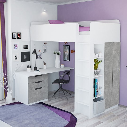 Кровать-чердак с письменным столом и шкафом POLINI Kids Simple Белый / Бетон в Черкесске - изображение 1