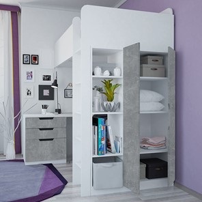 Кровать-чердак с письменным столом и шкафом POLINI Kids Simple Белый / Бетон в Черкесске - предосмотр 2