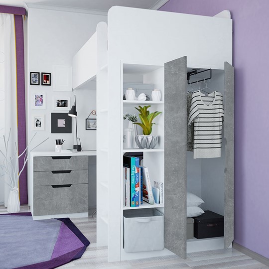 Кровать-чердак с письменным столом и шкафом POLINI Kids Simple Белый / Бетон в Черкесске - изображение 3