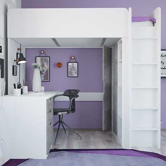 Кровать-чердак с письменным столом и шкафом POLINI Kids Simple Белый / Бетон в Черкесске - изображение 5