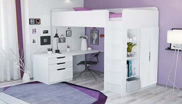 Кровать-чердак с письменным столом и шкафом POLINI Kids Simple Белый в Черкесске - предосмотр 1