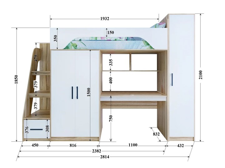 Кровать-чердак с шкафом Тея, каркас Ясень, фасад Белый в Черкесске - изображение 2