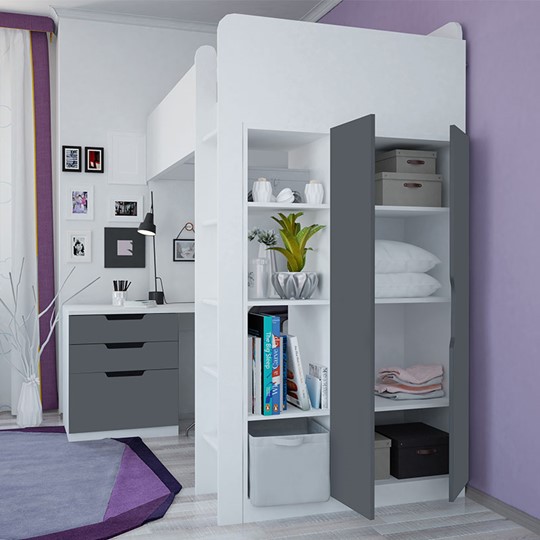 Кровать 2-х ярусная с письменным столом и шкафом POLINI Kids Simple Белый / Серый в Черкесске - изображение 1
