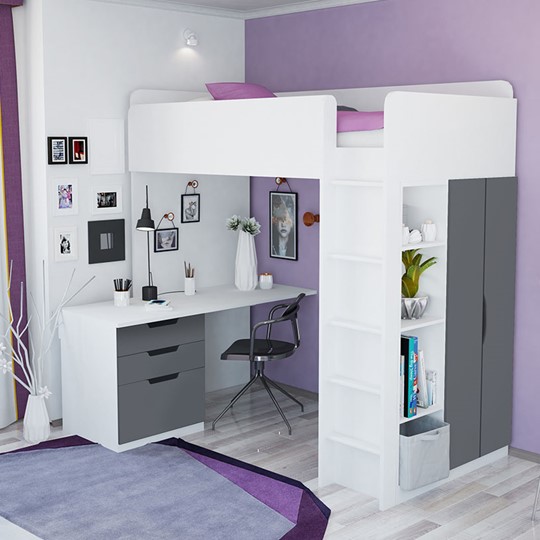 Кровать 2-х ярусная с письменным столом и шкафом POLINI Kids Simple Белый / Серый в Черкесске - изображение 3