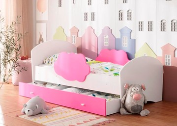 Кровать детская Тучка с ящиком, корпус Белый, фасад Розовый в Черкесске