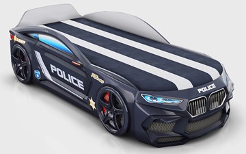 Кровать-машина в детскую Romeo-М Police + подсветка фар, ящик, матрас, Черный в Черкесске