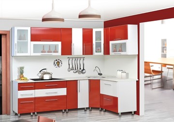 Угловой кухонный гарнитур Мыло 224 2600х1600, цвет Красный/Белый металлик в Черкесске