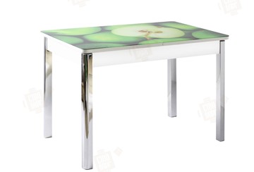 Обеденный раздвижной стол Айсберг-01 СТФ, белый/фотопечать зеленые яблоки/ноги хром квадратные в Черкесске
