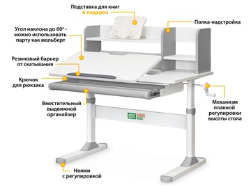Растущий стол Ergokids TH-330 Grey  TH-330 W/G, столешница белая / накладки на ножках серые в Черкесске - предосмотр 2